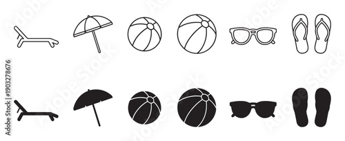 Set of black beach vacation icons including a deck chair, umbrella, ball, sunglasses, and flip-flops shown in both outline and solid silhouette styles for summer concepts