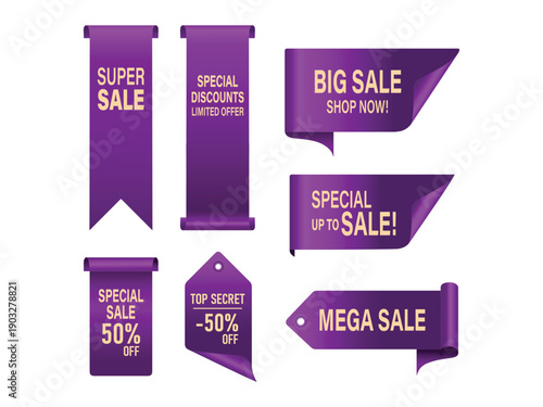 Elegant purple ribbon banners and sale tags with gold text for luxury retail promotions