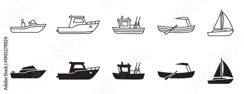 Collection of various boat icons presented in two styles, line art and solid silhouette, featuring a sailboat, fishing vessel, motorboat, and a simple dinghy with oars