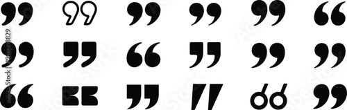Variety of black quotation marks icons, different styles, punctuation symbols, speech marks, vector graphics, typographic design elements, quote symbols, text punctuation
