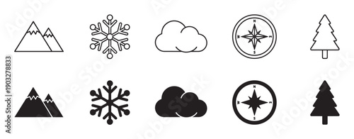 Set of black winter and travel icons featuring mountains, snowflakes, clouds, a compass, and a pine tree in both outline and solid silhouette styles for graphic design