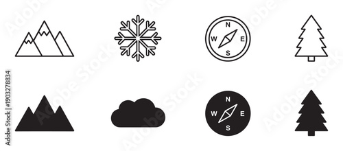 Collection of black nature and travel icons including a mountain, snowflake, compass, and tree, presented in both simple outline and solid filled silhouette graphic styles