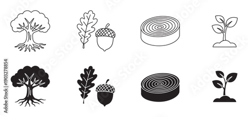 Set of black tree and nature icons showing an oak, acorn, leaf, log slice, and seedling in both outline and silhouette styles for ecology and forestry concepts