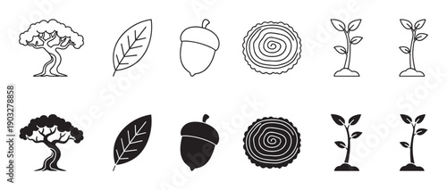 Set of black tree and plant icons showing a life cycle with a mature tree, leaf, acorn, wood slice, and seedling in outline and solid silhouette styles