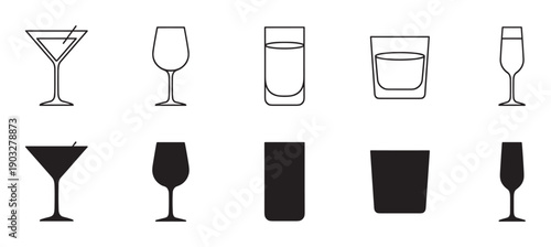 Collection of black beverage glass icons in minimalist outline and silhouette styles for various cocktails, wine, and spirits, presented as a graphic vector illustration set