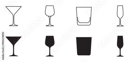 Set of black glass icons showing different drinkware types like martini, wine, rocks, and champagne flute in outline and silhouette styles for bar menus or graphic design