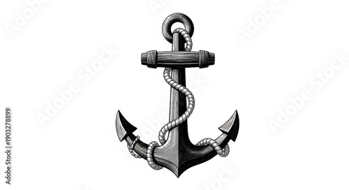 Vintage nautical anchor with rope detail illustration.