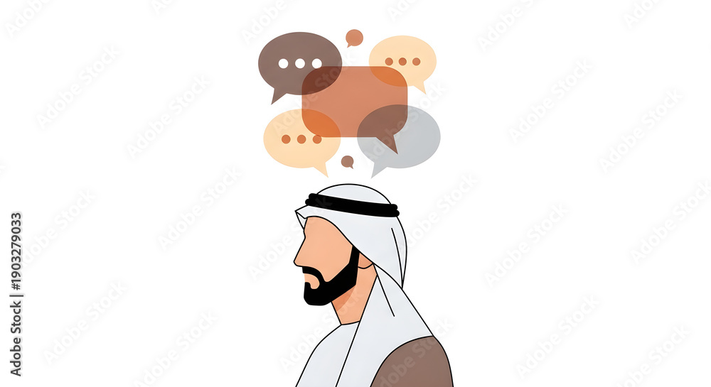 Naklejka premium Man in traditional attire lost in thought with speech bubbles above his head, contemplating ideas and expressing thoughts from a side viewpoint