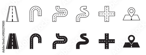 Set of black road and navigation icons in outline and solid glyph styles showing various routes, intersections, and a map pin for travel and transport concepts
