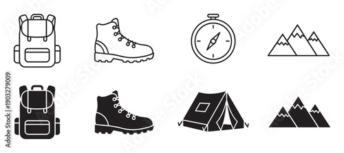 Set of hiking and camping icons featuring a backpack, boot, compass, tent, and mountains in both outline and solid glyph styles for outdoor adventure concepts