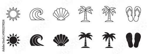 Set of black summer beach icons featuring a sun, ocean wave, seashell, palm tree, and flip-flops in two minimalist styles, line art outline and solid silhouette glyph