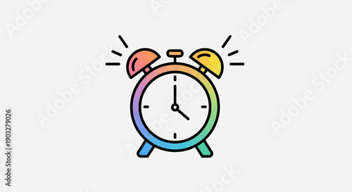 Vibrant rainbow alarm clock illustration ringing brightly on a minimalist white background