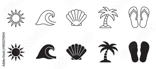 Set of summer beach vacation icons in two styles, outline and solid silhouette, featuring a sun, wave, seashell, palm tree, and flip-flops for graphic design elements