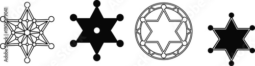 Sacred geometry star symbols vector set featuring hexagram designs, geometric nodes, mystical shapes, and abstract spiritual emblems for esoteric, symbolic, and graphic design use