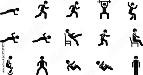 Fitness Stickman Icon Set Showing Exercise Workout Training and Gym Activities Including Running Push Ups Weightlifting and Stretching for Sports Infographic Design