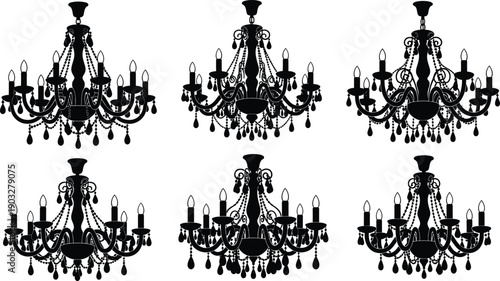 Set of Elegant Crystal Chandelier Silhouettes Featuring Ornate Victorian Light Fixtures with Hanging Beads for Luxury Interior Design and Decoration (20 words)