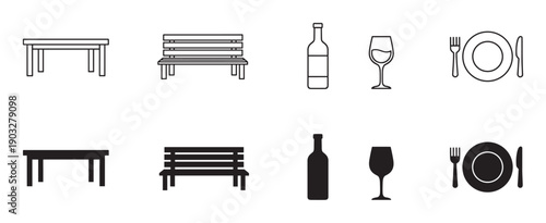 Collection of black furniture and dining icons showing a table, bench, wine bottle, glass, and plate setting in both line art and solid silhouette styles for graphic design
