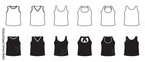 Various black and white outline sleeveless tank top designs are neatly arranged in two rows, showcasing different necklines and strap styles in a clean, illustrative manner