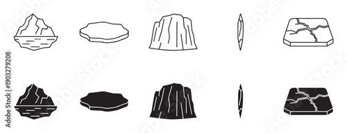 Set of black iceberg and glacier icons in minimalist line art and solid glyph styles, showing various arctic formations like floating floes and cracked frozen ground