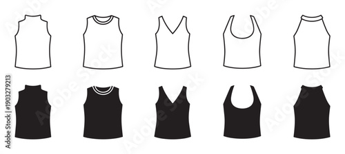 Collection of women's tank top icons in black and white shows various styles like halter, v-neck, and scoop neck in both outline and solid silhouette vector illustrations