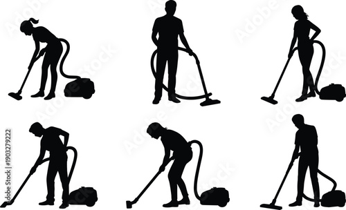 Set of vacuum cleaner silhouettes, people cleaning floor in various poses, isolated on white background, housekeeping service concept collection