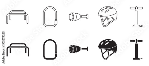 Collection of sports and outdoor equipment icons showing parallel bars, a carabiner, a bicycle light, a helmet, and a pump in both outline and solid glyph styles