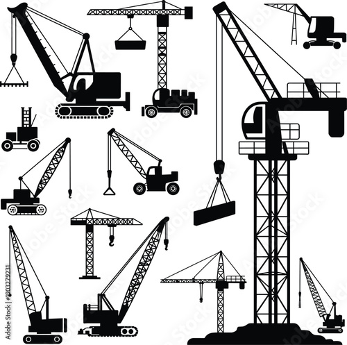 Various construction cranes and heavy equipment, industrial machines, lifting equipment silhouettes, mobile cranes, tower cranes, construction machinery vector illustration
