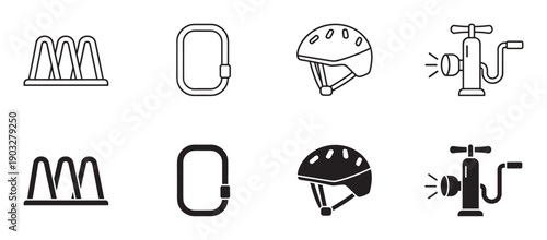 Bicycle equipment and accessories icon set featuring a bike rack, carabiner, helmet, and pump presented in both thin line art outline and solid black glyph vector styles