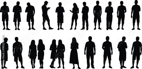 Group of men and women silhouettes standing in casual poses, diverse anonymous people figures representing modern lifestyle and social interaction isolated on white background
