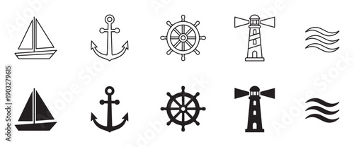 Black nautical and marine icon set with a sailboat, anchor, ship's wheel, lighthouse, and waves, presented in two graphic styles: simple line art and solid silhouette