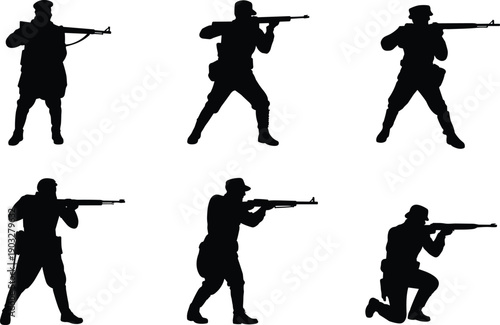 Set of six soldier silhouettes, aiming rifles in different poses, isolated on white background, military tactical combat collection