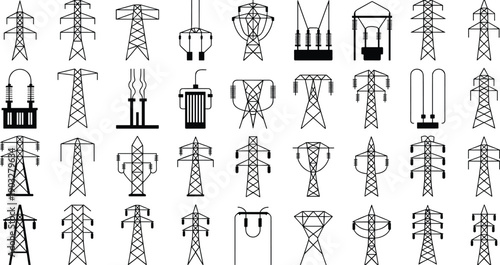 Various high voltage electricity pylons and power transmission tower icons, electric pole structures, grid infrastructure, energy distribution silhouettes collection.