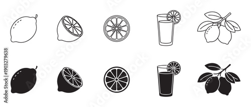 Set of black lemon fruit icons in outline and solid glyph styles, featuring a whole citrus, half, slice, glass of juice, and a branch with leaves for graphic design elements