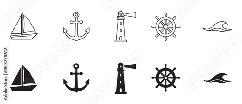 Set of black nautical icons featuring a sailboat, anchor, lighthouse, ship's wheel, and wave, presented in both minimalist outline and solid silhouette styles for graphic design