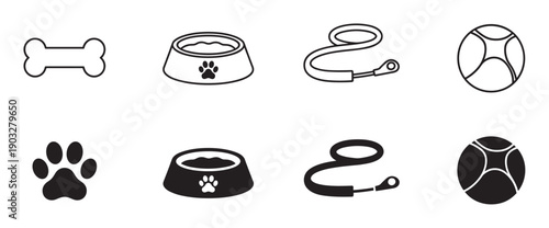 Set of black pet care icons including a bone, food bowl, leash, ball, and paw print, presented in both minimalist outline and solid silhouette vector styles for graphic design