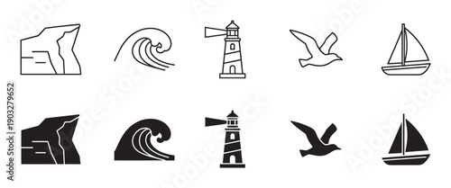 Collection of black sea-themed icons featuring a cliff, ocean wave, lighthouse, bird, and sailboat, presented in both minimalist line art and solid glyph styles for graphic design