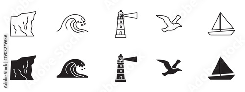 Set of black nautical icons featuring a cliff, wave, lighthouse, seagull, and sailboat, presented in two distinct styles: a simple line art outline and a solid silhouette