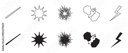 Set of black and white vector icons for magic and special effects, featuring a wand, explosion, shattered object, and lightning bolt in both outline and solid fill versions