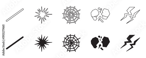 Set of black vector icons featuring a stick, starburst, spiderweb, shattered shape, and lightning bolt, presented in both minimalist outline and solid silhouette styles