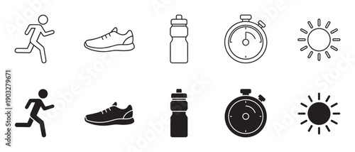 Set of black running and fitness icons in two styles, line art and solid silhouette, featuring a runner, sneaker, water bottle, stopwatch, and sun for exercise concepts