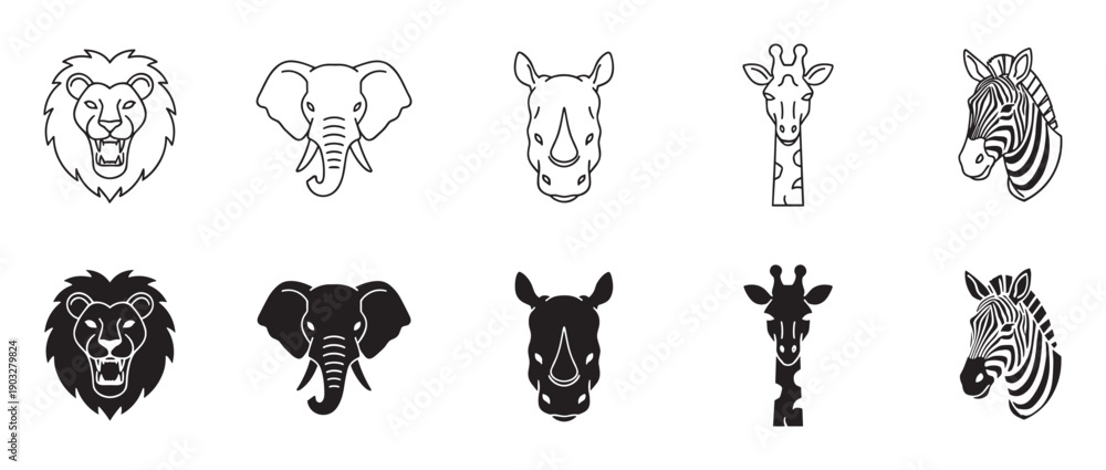 Naklejka premium Set of ten wild animal head icons featuring a lion, elephant, rhino, giraffe, and zebra in two distinct styles, line art and solid black silhouette for graphic design