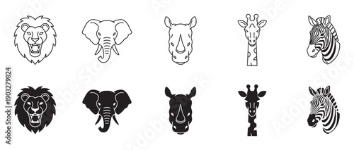 Set of ten wild animal head icons featuring a lion, elephant, rhino, giraffe, and zebra in two distinct styles, line art and solid black silhouette for graphic design