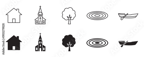 Black and white icon set featuring a house, church, tree, water ripples, and a rowboat in both outline and solid silhouette styles for graphic design elements