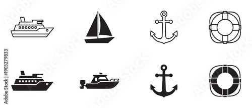 Set of black nautical icons featuring ships, sailboats, anchors, and lifebuoys in minimalist line art and solid silhouette styles, perfect for maritime or travel themes