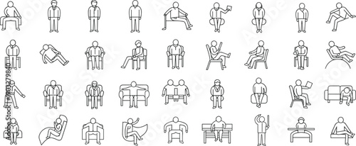 Various human sitting poses, outline icons, man and woman sitting, modern minimal style, line art figure set, vector illustration for design, posture reference chart