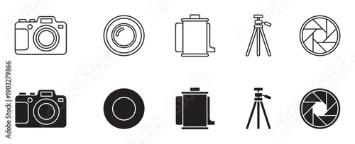 Black photography and camera icon collection set with line art and solid glyph styles including a lens, film roll, tripod, and aperture symbol for graphic design elements