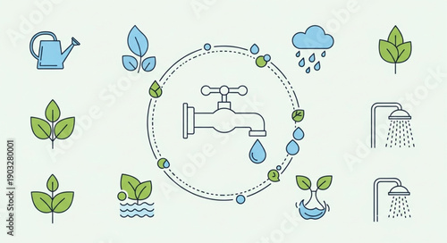 Water conservation and sustainability icons for environmental protection.