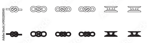 Set of black nautical rope knot icons including figure eight, reef knot, and marine cleat symbols in line art and solid glyph vector illustration styles