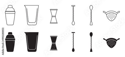 Black and white bartender tool icon set featuring a shaker, jigger, strainer, spoon, and mixing glass in two distinct styles, a clean line art outline and a bold solid silhouette