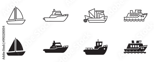 Collection of black boat icons featuring various watercraft like sailboats, yachts, fishing trawlers, and ferries in both outline and solid silhouette graphic styles